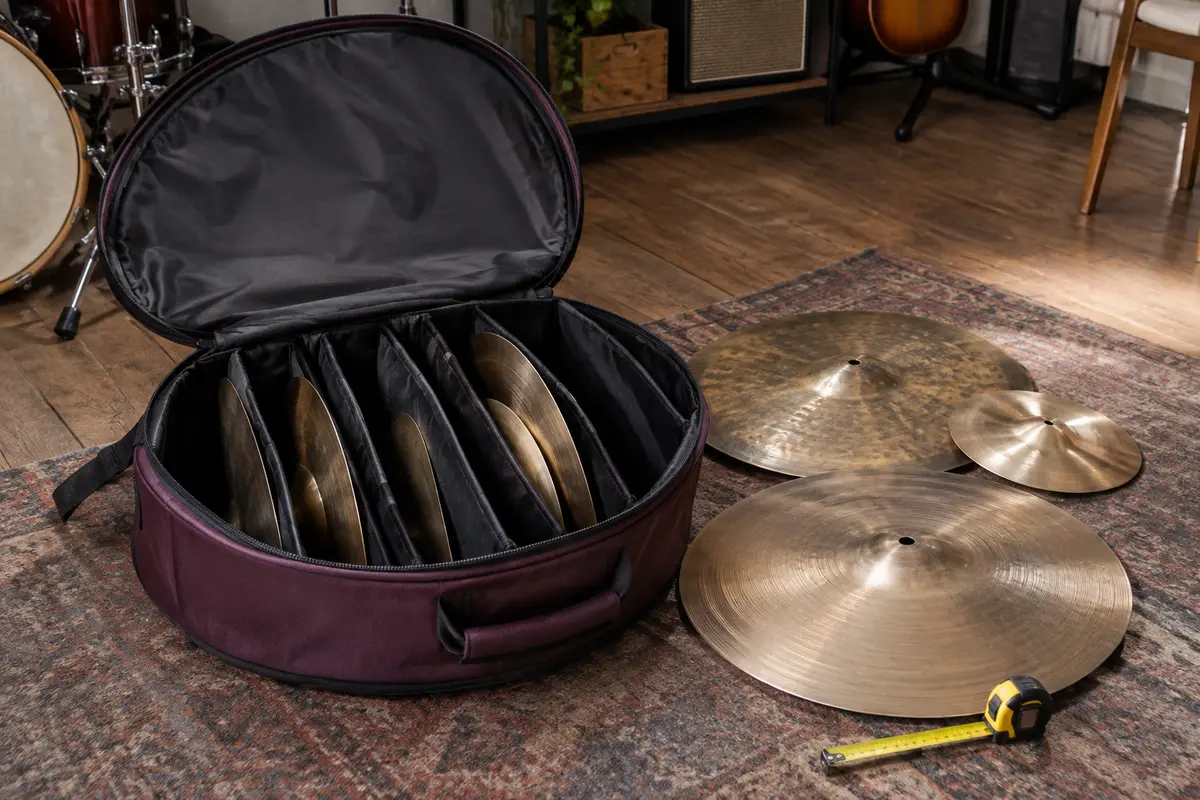 Housse de cymbales ouverte avec des cymbales de différents diamètres et un mètre ruban