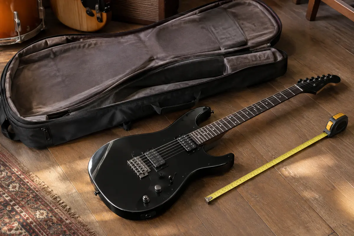 Guitare électrique près d’une housse ouverte et d’un mètre ruban pour comparer leurs dimensions