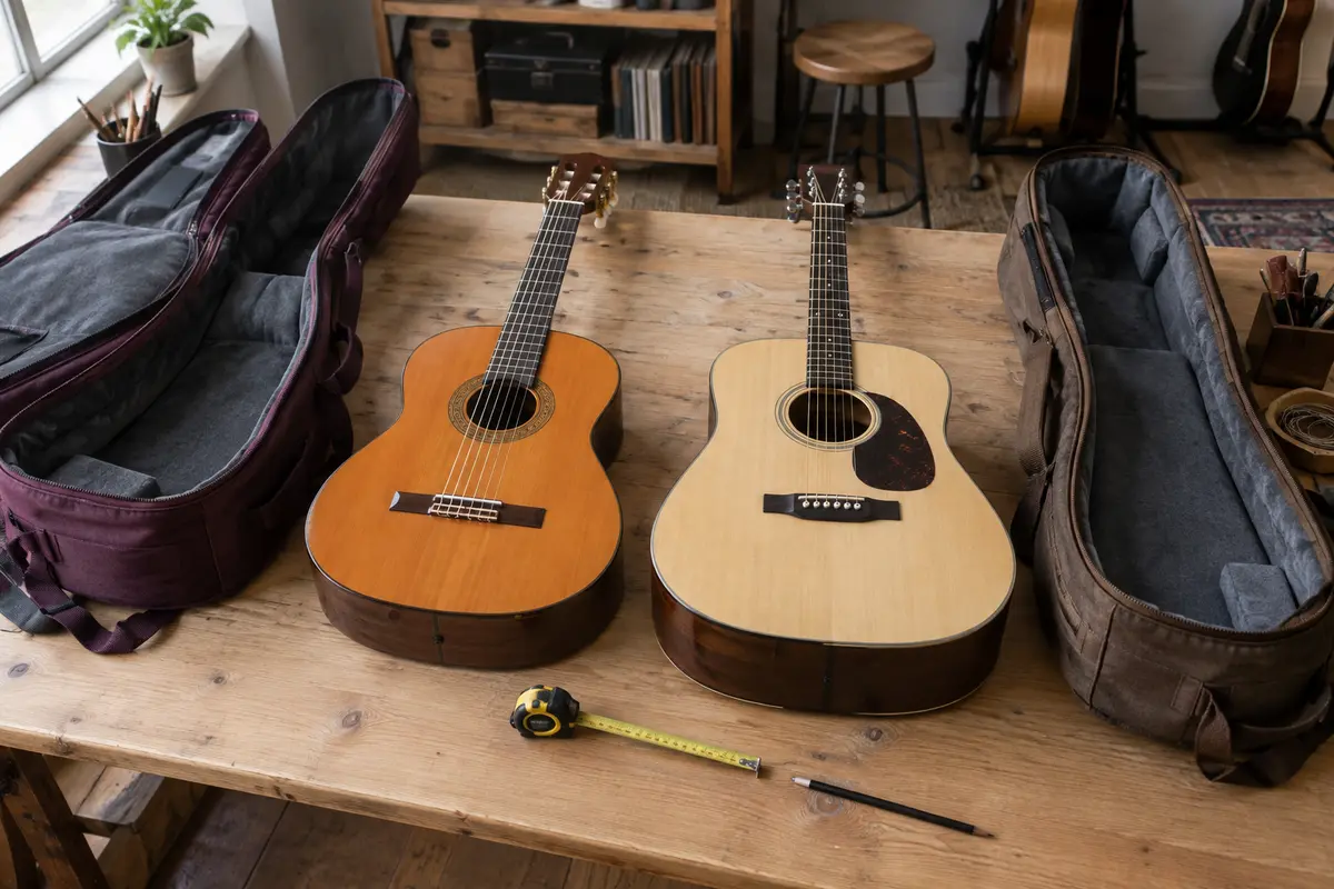 Guitares classique et acoustique près de leurs housses, avec un mètre ruban pour comparer leurs formes.