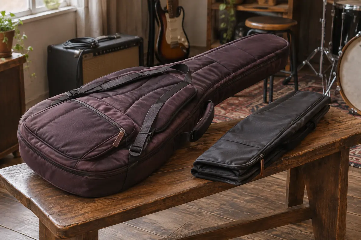 Guitare dans une housse rembourrée à côté d’une housse plus fine, pour comparer leur épaisseur.