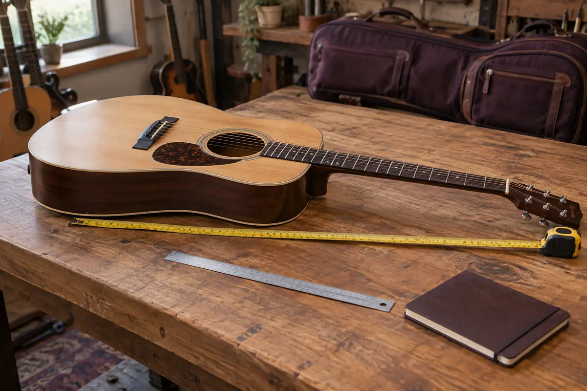 Guitare acoustique posée sur une table avec un mètre ruban déroulé et une règle pour relever ses dimensions
