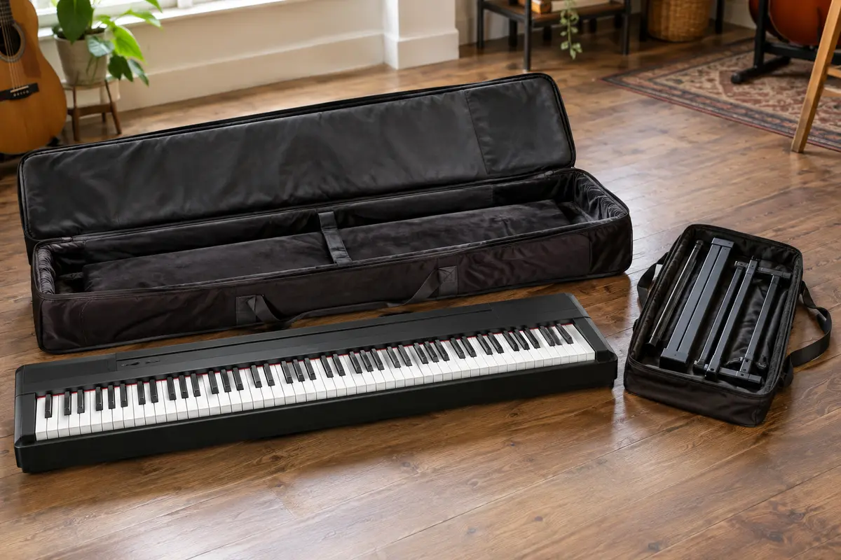 Piano numérique 88 touches et support pliant démonté rangé séparément pour le transport.
