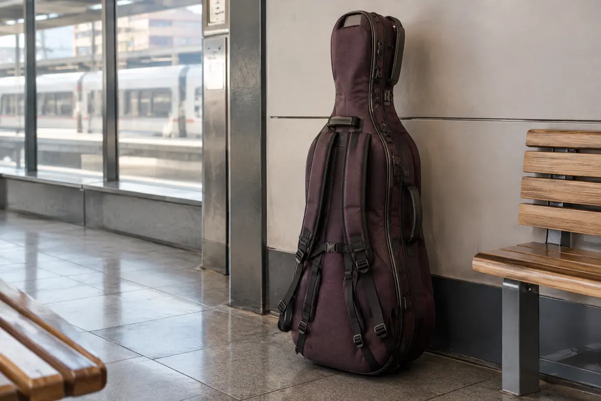 Violoncelle dans une housse rembourrée avec ses sangles et poignées visibles, près d’un mur de gare.