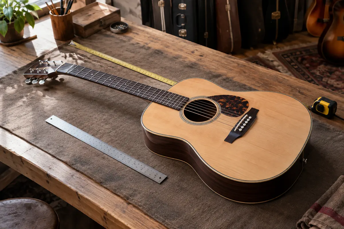 Guitare acoustique mesurée avec un mètre ruban pour vérifier ses dimensions avant le choix d’une housse