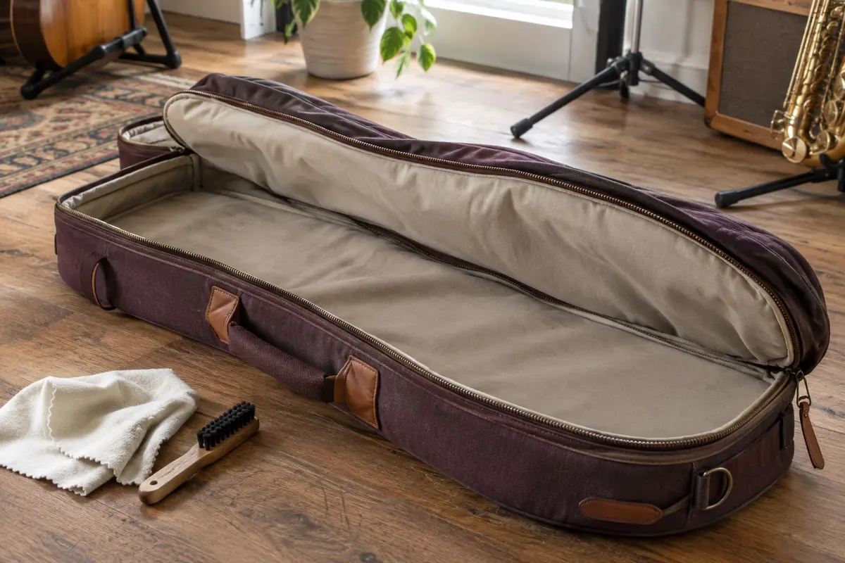 Housse d’instrument en tissu ouverte avec une brosse douce et un chiffon pour son entretien