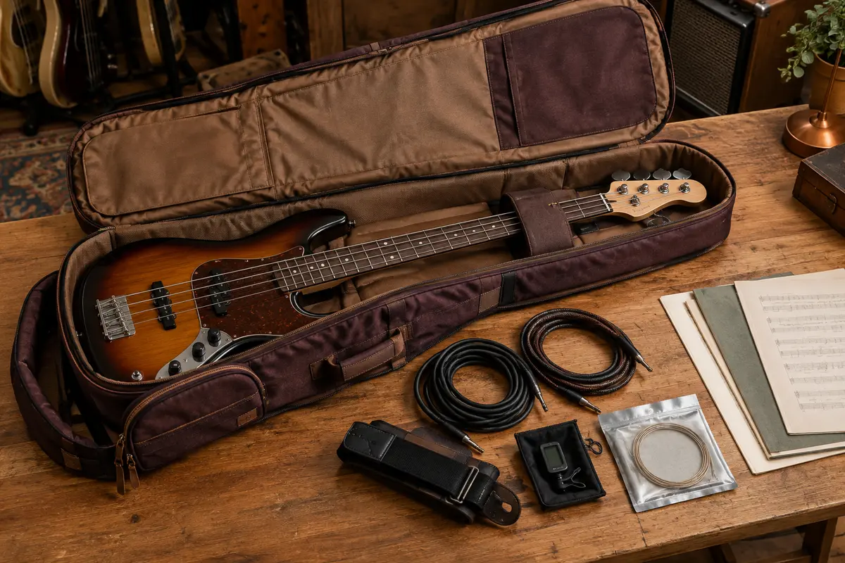 Housse de basse ouverte avec instrument protégé et câbles, accordeur et sangle rangés dans les poches extérieures