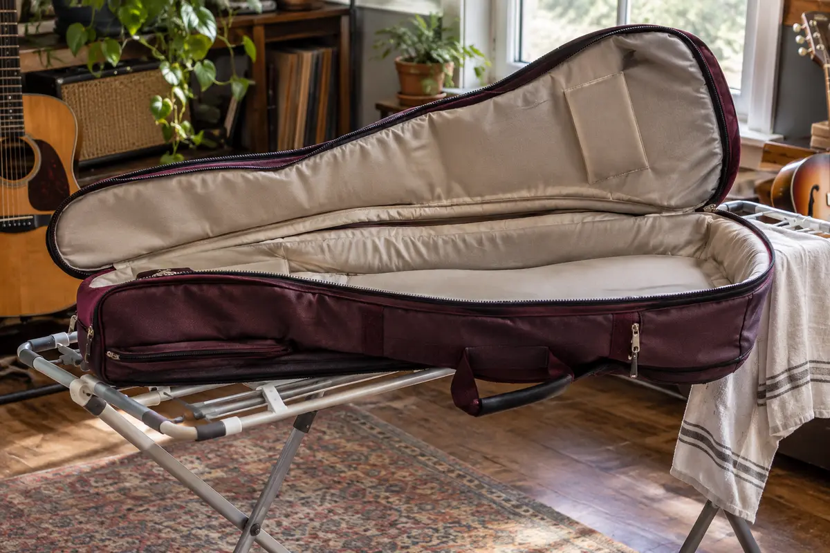 Housse de guitare ouverte dans une pièce ventilée pour sécher sa doublure après la pluie