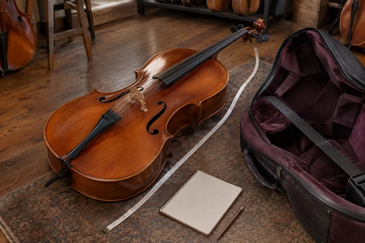 Violoncelle et housse ouverte avec un mètre ruban posé à côté pour vérifier les dimensions