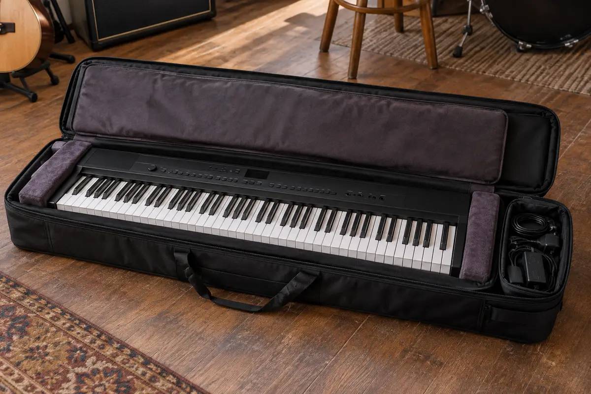 Piano numérique rangé dans une housse souple, touches et prises dégagées de toute pression