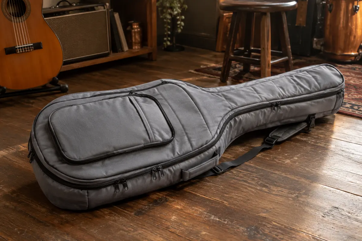 Housse grise rembourrée pour guitare classique, avec bretelles réglables et poches, posée sur un sol de bois.