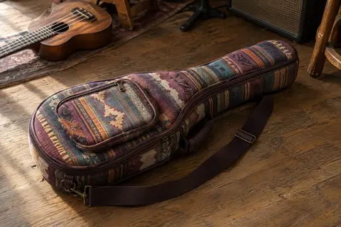 Housse rembourrée multicolore pour ukulélé avec sangle réglable et poche extérieure, posée sur un sol en bois.