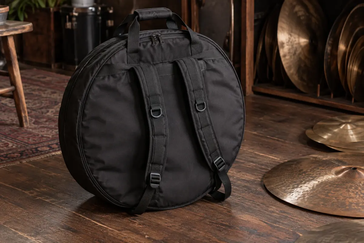 Housse noire rembourrée pour cymbales posée sur un sol de bois patiné dans un atelier musical