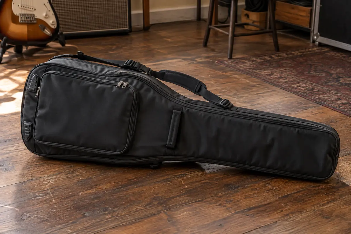Housse noire Donner pour guitare électrique, posée sur un sol de bois patiné dans un atelier musical.