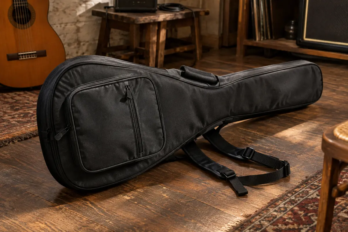 Housse de guitare noire en Oxford posée sur un sol de bois, avec bretelles réglables et poche avant.