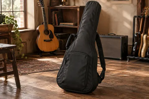 Housse noire rembourrée pour guitare acoustique dreadnought, posée sur un sol de bois patiné