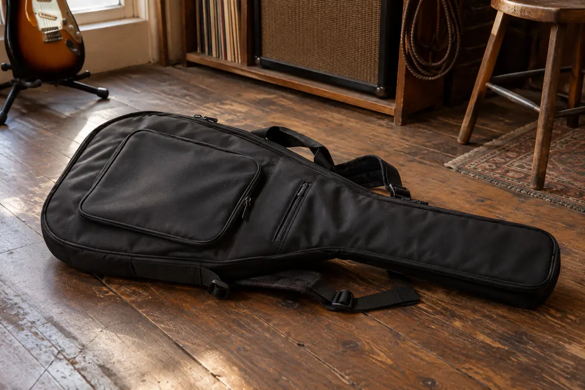 Housse noire Fender pour guitare électrique, avec bretelles de sac à dos et poche avant, posée sur un sol de bois.