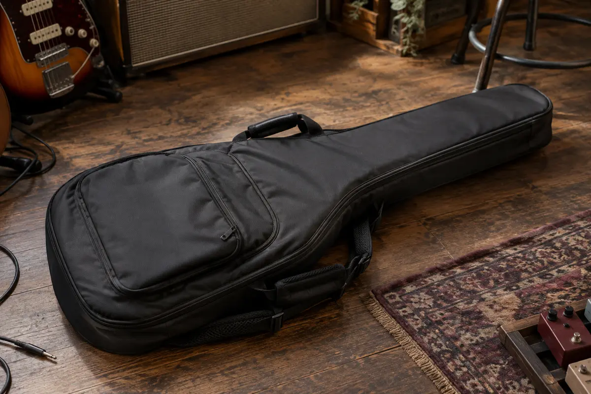 Housse noire Fender FE610 pour guitare électrique posée sur un sol de bois patiné dans un atelier