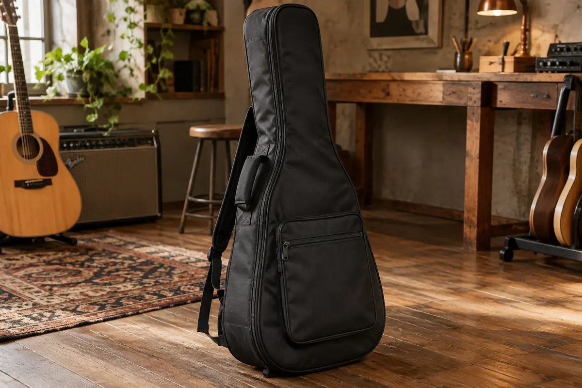 Housse noire Gator pour guitare acoustique Dreadnought, avec poche extérieure et sangles de portage.