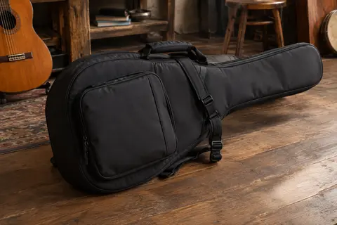 Housse noire en Cordura pour guitare classique, posée sur un sol de bois patiné dans un atelier musical.