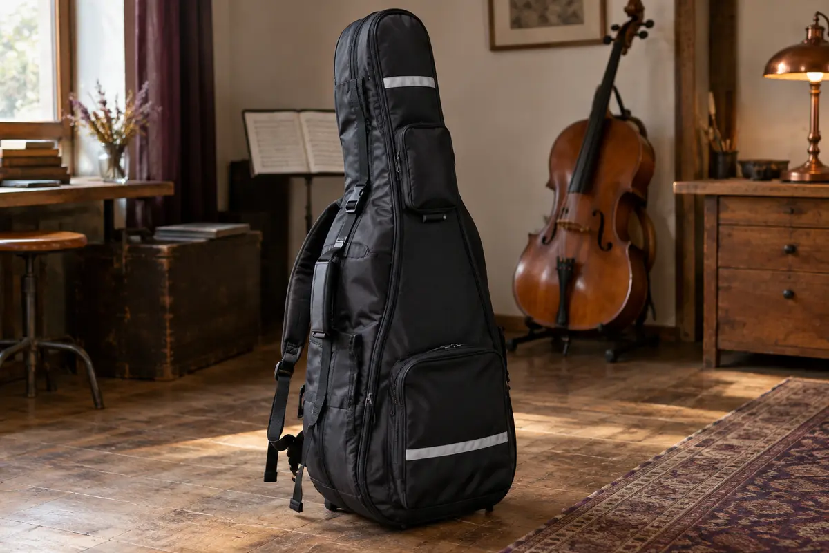 Housse noire de violoncelle avec sangles de sac à dos, poches et bandes réfléchissantes dans un atelier musical.