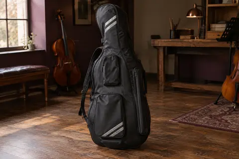 Housse noire de violoncelle 1/4 avec courroies sac à dos, poches et bandes réfléchissantes, posée dans un atelier musical.