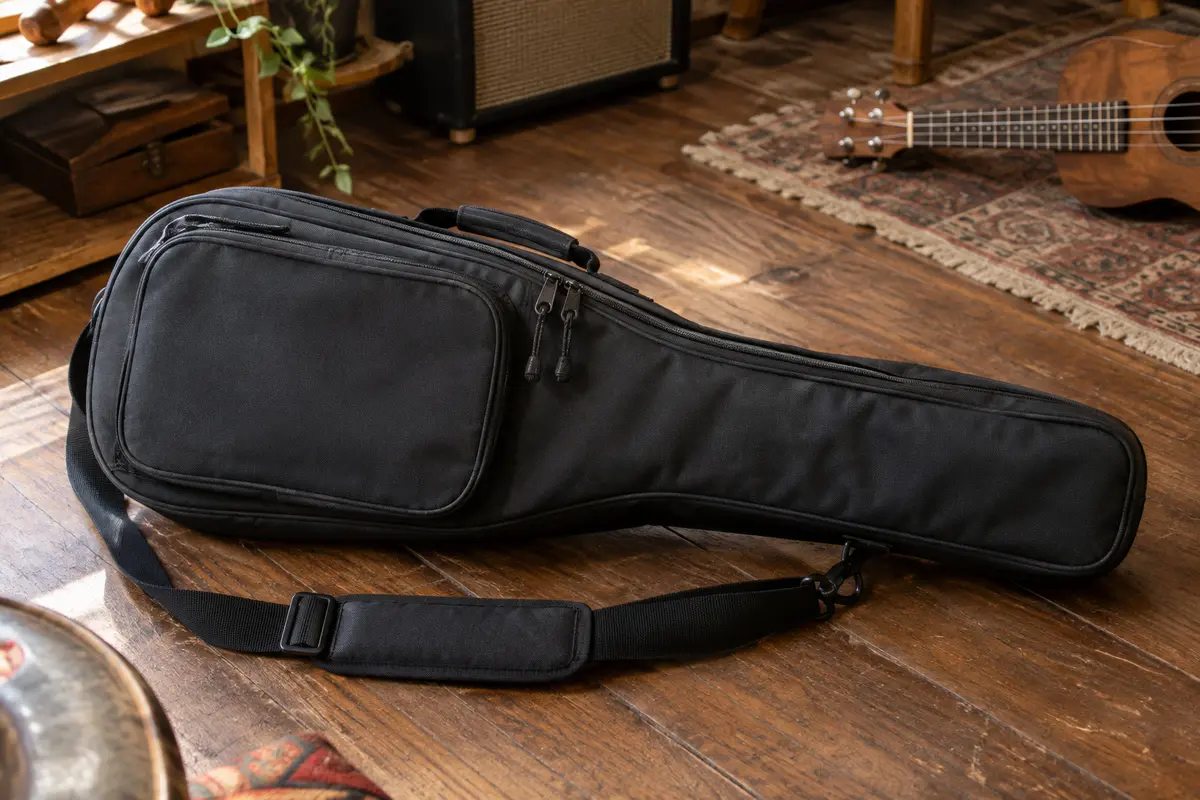 Housse noire Kala pour ukulélé concert, avec poche extérieure et bandoulière réglable, posée sur un sol de bois