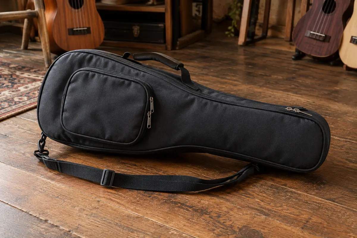 Housse noire rembourrée pour ukulélé ténor, avec poche frontale, poignée et bandoulière réglable