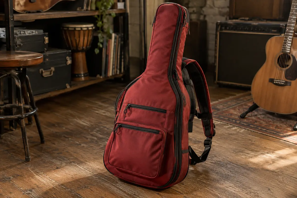 Housse rouge pour guitare acoustique avec bretelles rembourrées et deux poches, posée sur un sol en bois.