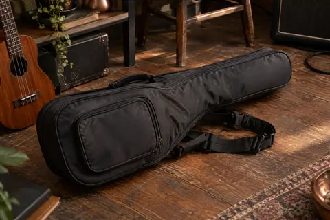 Housse noire en nylon pour ukulélé concert, avec bretelles et poche extérieure, posée sur un sol de bois.