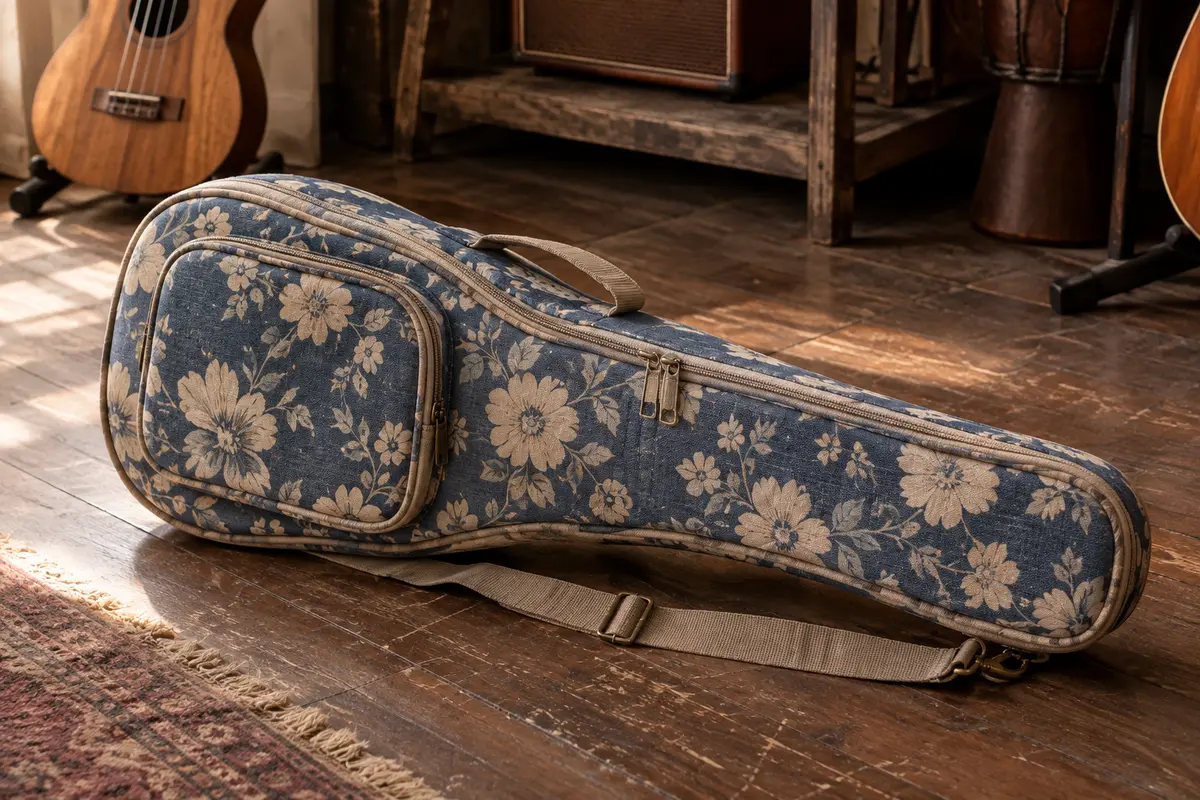 Housse rembourrée pour ukulélé à motif floral bleu, avec poche avant, fermeture éclair et sangle réglable