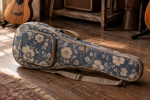 Housse rembourrée pour ukulélé à motif floral bleu, avec poche avant, fermeture éclair et sangle réglable