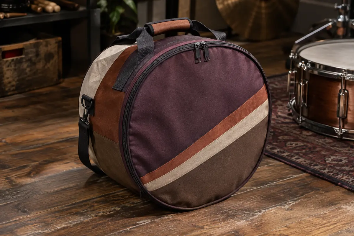 Housse Tama en nylon multicolore pour caisse claire, posée sur un sol de bois patiné dans un atelier musical.