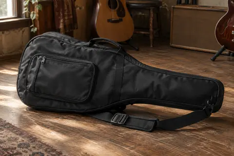 Housse noire en nylon pour guitare acoustique, posée sur un sol de bois dans un atelier musical.