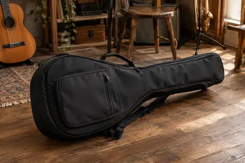 Housse noire pour guitare classique posée sur un sol de bois, avec sa poche avant et ses bretelles visibles.