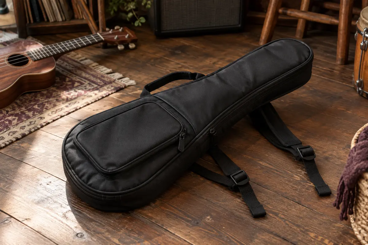 Housse noire rembourrée pour ukulélé soprano, avec poche extérieure et sangles de portage.