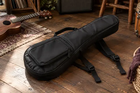 Housse noire rembourrée pour ukulélé soprano, avec poche extérieure et sangles de portage.