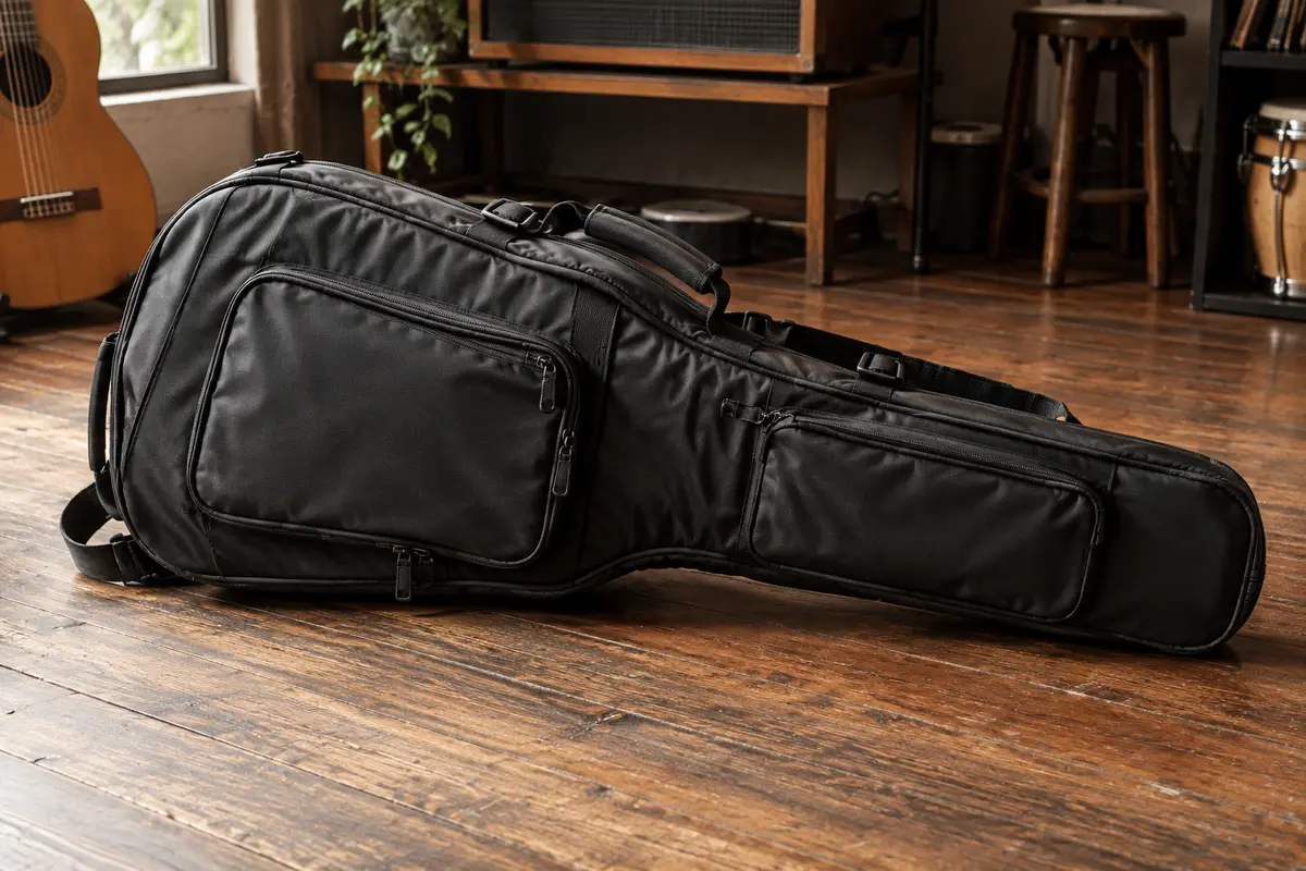 Housse noire en nylon pour guitare classique avec bretelles réglables, poignée latérale et deux poches zippées
