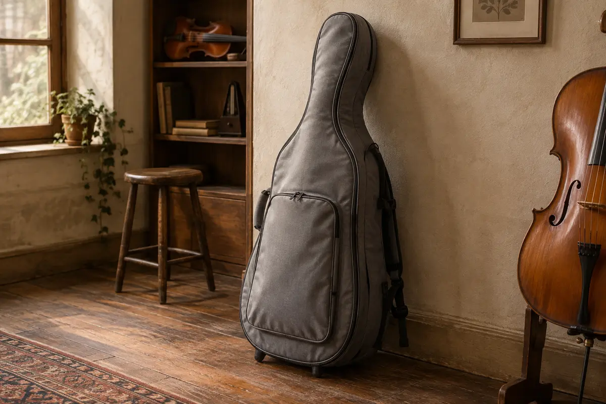 Housse grise pour violoncelle debout contre un mur, vue de trois quarts avec sa poche avant, une poignée et ses bretelles.