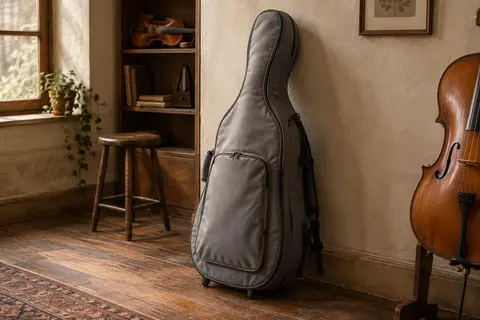 Housse grise pour violoncelle debout contre un mur, vue de trois quarts avec sa poche avant, une poignée et ses bretelles.