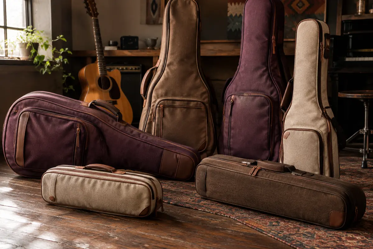 Housses de transport disposées dans un atelier musical, avec une guitare partiellement visible